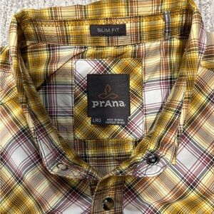 Prana Men's Yellow and Brown Plaid Button Down Shirt